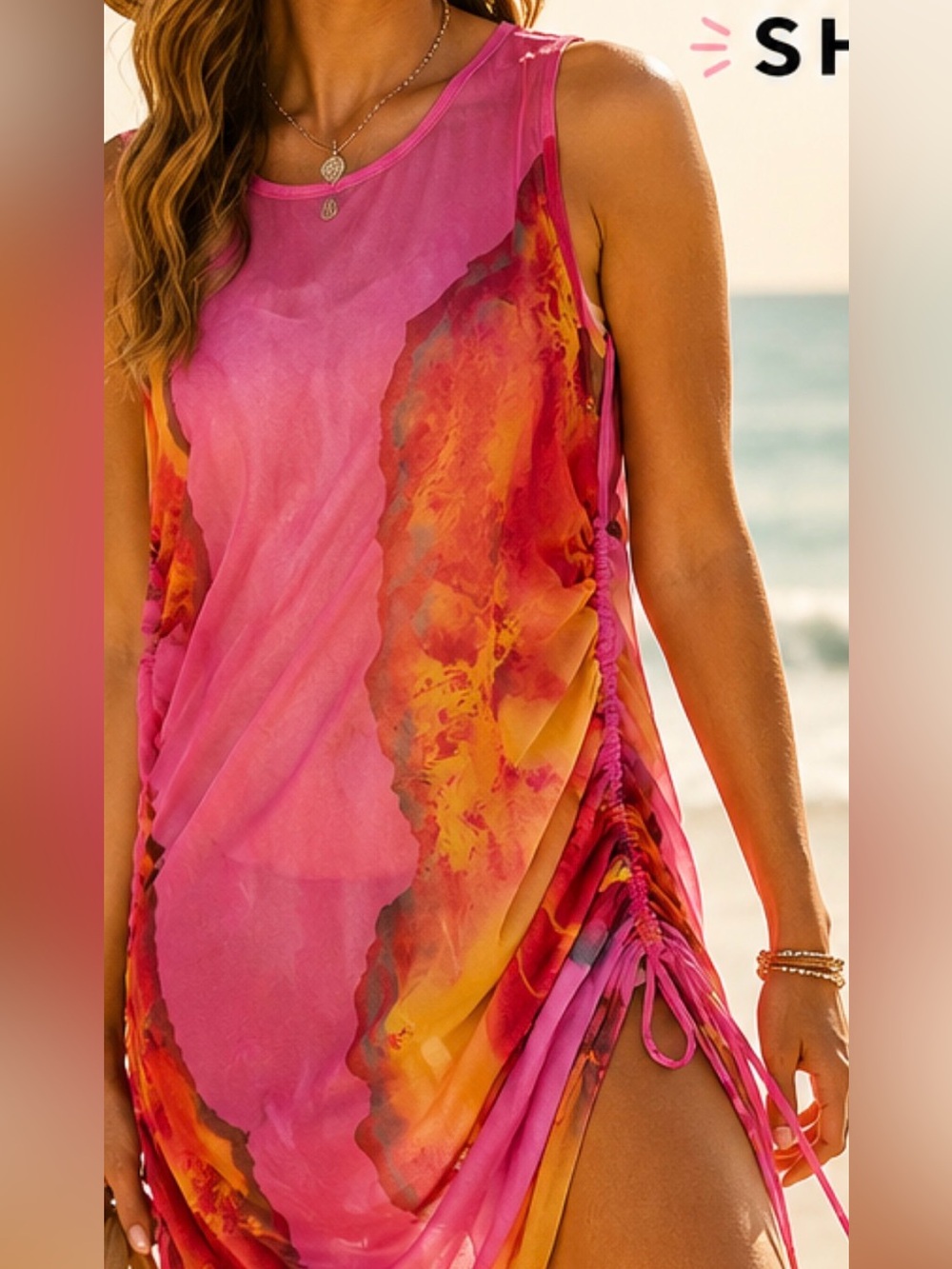 XL SHEIN light Pink Tie-Dye Asymmetrical Sleeveless Dress with Yellow Accents